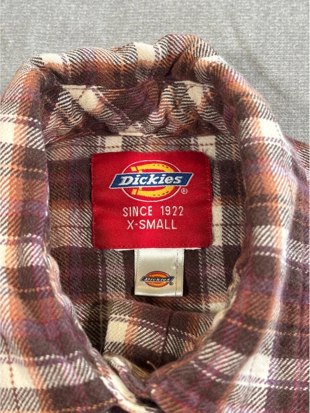 Dickies Women’s Flannel Shirt XS Brown Cream Plaid Button Up Long Sleeve Cotton